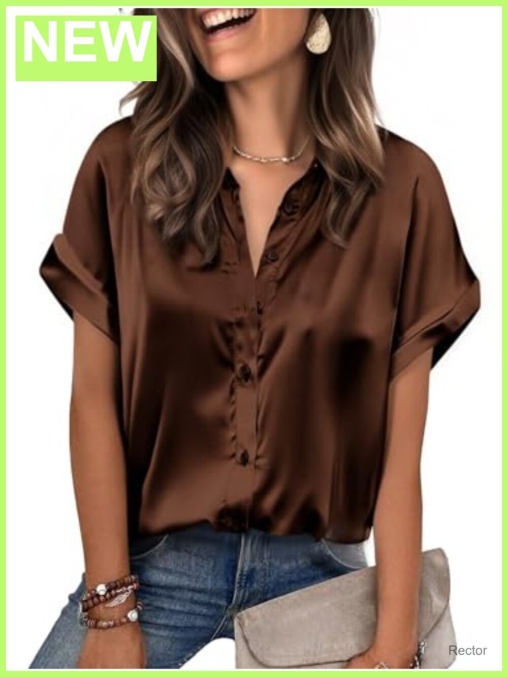 Satin Blouse Short Sleeve Button Down Shirt